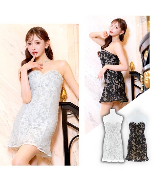 DAZZY(デイジー)の「ベアトップ 刺繍レース パールビジュー マーメイドミニドレス(ドレス・レディース・ブラック/ホワイト×シルバー・S/M/L)」の7枚目の写真