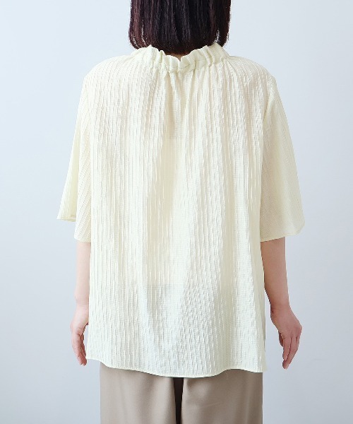 L〜5L ドビーストライプ フリルカラー ブラウス 大きいサイズ レディース 夏物 半袖fleur by mint breeze フルール バイ ミントブリーズ返品交換不可 MB mint breeze L〜5L ドビーストライプ フリルカラー ブラウス
