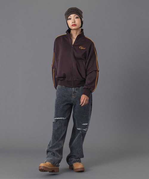 x-girl ダークブラウン ジャケット、ジャージ、タグ付き セール】PENCIL SCRIPT LOGO 2WAY TRACK JACKET（ジャージ）｜X