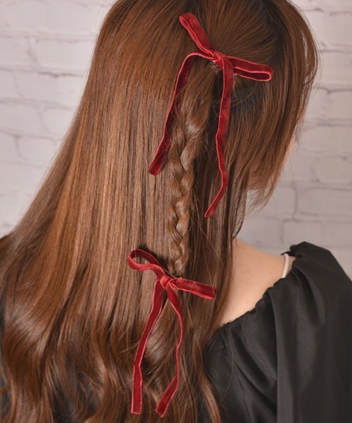 float】ベロア ロングリボン ヘアクリップ【2個セット】（バレッタ