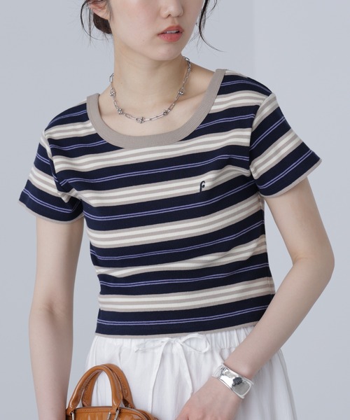tシャツ ワンポイント刺繍ボーダーTシャツ レディース MONO-MART tシャツ ワンポイント刺繍マルチボーダーショート丈