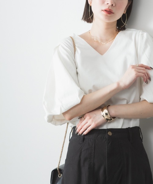 RCD(アールシーディー)の「コットンパフスリーブTシャツ(Tシャツ/カットソー・レディース・ブラック/グレイッシュベージュ/チャコールグレー/オフホワイト/ミント・LL~3L/M-L/4L~5L)」の1枚目の写真
