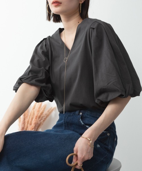 RCD(アールシーディー)の「コットンパフスリーブTシャツ(Tシャツ/カットソー・レディース・ブラック/グレイッシュベージュ/チャコールグレー/オフホワイト/ミント・LL~3L/M-L/4L~5L)」の3枚目の写真