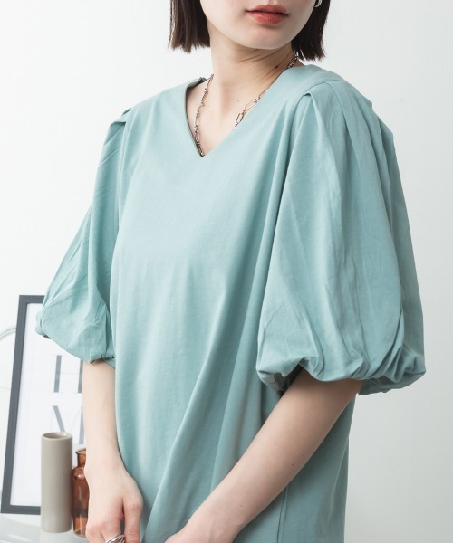 RCD(アールシーディー)の「コットンパフスリーブTシャツ(Tシャツ/カットソー・レディース・ブラック/グレイッシュベージュ/チャコールグレー/オフホワイト/ミント・LL~3L/M-L/4L~5L)」の5枚目の写真