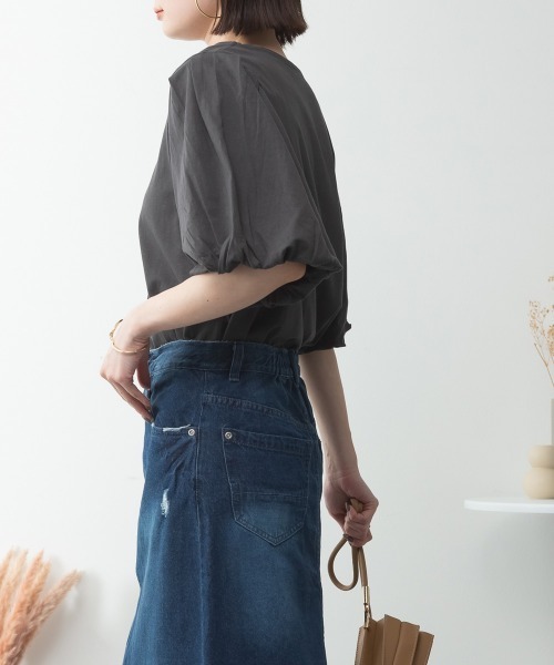 RCD(アールシーディー)の「コットンパフスリーブTシャツ(Tシャツ/カットソー・レディース・ブラック/グレイッシュベージュ/チャコールグレー/オフホワイト/ミント・LL~3L/M-L/4L~5L)」の12枚目の写真