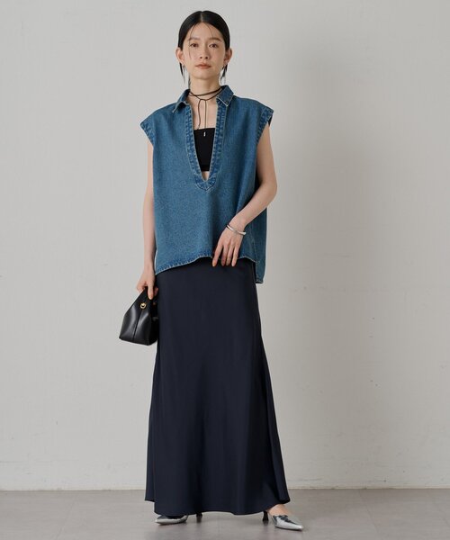LOUNGEDRESS(ラウンジドレス)の「フィブリルナロースカート(スカート・レディース・ネイビー/ベージュ・FREE)」の4枚目の写真