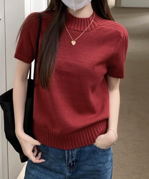 Aelina(エリナ)の「ハイネック半袖ニットトップス(ニット/セーター・レディース・ブラック/オフホワイト/グレー/ブルー/ピンク/レッド・F)」の20枚目の写真