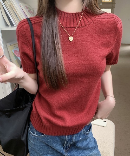 Aelina(エリナ)の「ハイネック半袖ニットトップス(ニット/セーター・レディース・ブラック/オフホワイト/グレー/ブルー/ピンク/レッド・F)」の16枚目の写真