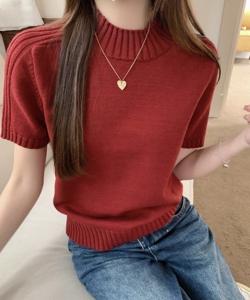 Aelina(エリナ)の「ハイネック半袖ニットトップス(ニット/セーター・レディース・ブラック/オフホワイト/グレー/ブルー/ピンク/レッド・F)」の15枚目の写真