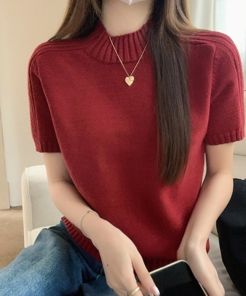 Aelina(エリナ)の「ハイネック半袖ニットトップス(ニット/セーター・レディース・ブラック/オフホワイト/グレー/ブルー/ピンク/レッド・F)」の13枚目の写真