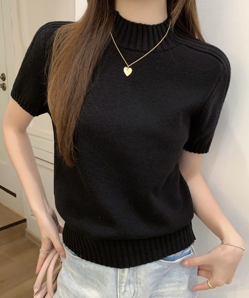 Aelina(エリナ)の「ハイネック半袖ニットトップス(ニット/セーター・レディース・ブラック/オフホワイト/グレー/ブルー/ピンク/レッド・F)」の11枚目の写真