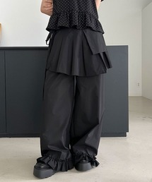 【セットアイテム】レイヤード ラップスカート フリル バンディング ワイド パンツ
