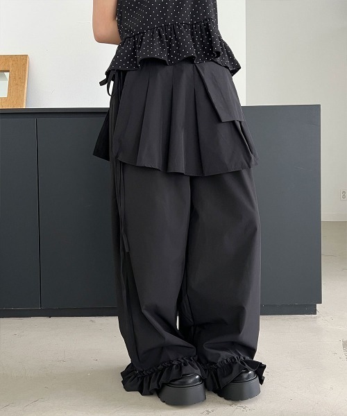 4INT.(フォイント)の「【セットアイテム】レイヤード ラップスカート フリル バンディング ワイド パンツ(その他パンツ・レディース・チャコール/ブラック・FREE)」の7枚目の写真