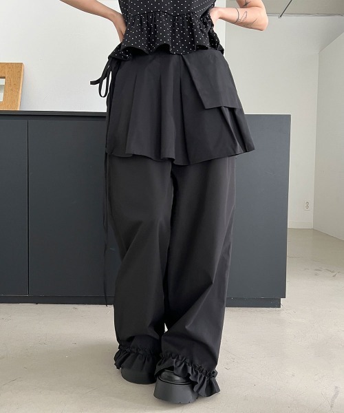 4INT.(フォイント)の「【セットアイテム】レイヤード ラップスカート フリル バンディング ワイド パンツ(その他パンツ・レディース・チャコール/ブラック・FREE)」の9枚目の写真