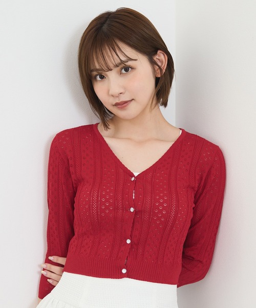 REDYAZEL(レディアゼル)の「レースサマーニットカーディガン(カーディガン/ボレロ・レディース・ボルドー/イエロー/ブラック/オフホワイト・FREE)」の1枚目の写真