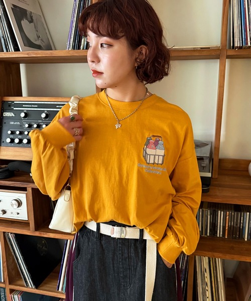 DOUBLE NAME（ダブルネーム）の「Gyunyu bottle lid BACKモチーフロンTEE/ユニセックス（Tシャツ/カットソー・レディース・オレンジ/オフホワイト/ブルー・FREE）」の8枚目の写真
