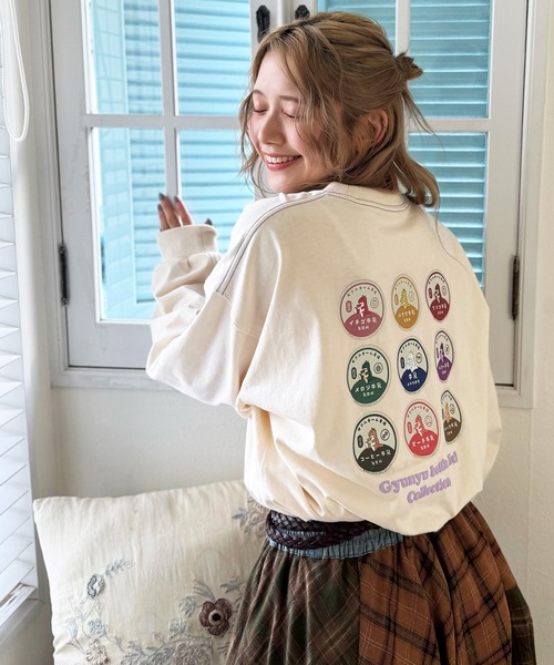 DOUBLE NAME（ダブルネーム）の「Gyunyu bottle lid BACKモチーフロンTEE/ユニセックス（Tシャツ/カットソー・レディース・オレンジ/オフホワイト/ブルー・FREE）」の13枚目の写真