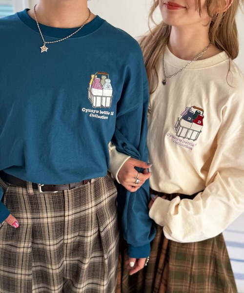 DOUBLE NAME（ダブルネーム）の「Gyunyu bottle lid BACKモチーフロンTEE/ユニセックス（Tシャツ/カットソー・レディース・オレンジ/オフホワイト/ブルー・FREE）」の21枚目の写真