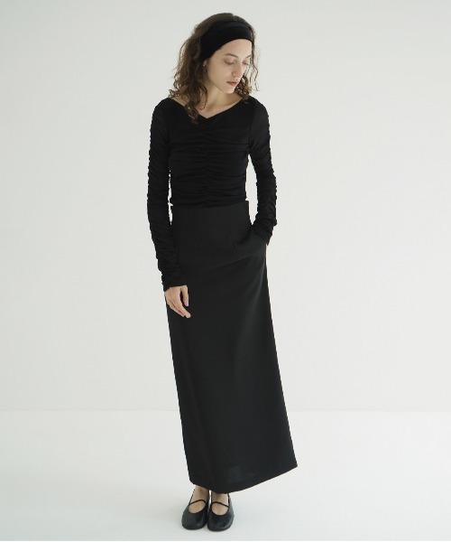 トップス CLANE W TULLE SHIRRING TOPS BLACK W TULLE SHIRRING TOPS（Tシャツ/カットソー）｜CLANE（クラネ
