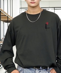L'atelier（ラトリエ）の「刺繍 ワンポイント グラフィック ロンT ロゴ ハート 黒ネコ フラワー 長袖 Tシャツ（Tシャツ/カットソー）」
