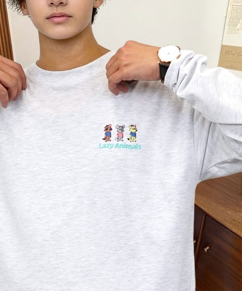   ショルダーロゴ刺繍 長袖Tシャツ 紺白 2枚セット セール】刺繍 ワンポイント グラフィック ロンT ロゴ ハート 黒ネコ