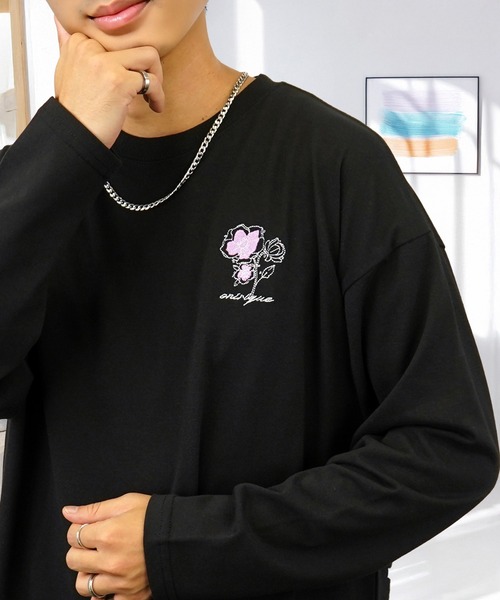 セール】刺繍 ワンポイント グラフィック ロンT ロゴ ハート 黒ネコ