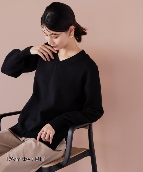 セール】高身長 スウェットライクニットVネックプルオーバー（トール