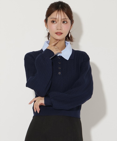 AND COUTURE(アンドクチュール)の「シャツ襟ケーブルニット(ニット/セーター・レディース・ブラック/ネイビー/ライトグレー/ボルドー・FREE)」の3枚目の写真