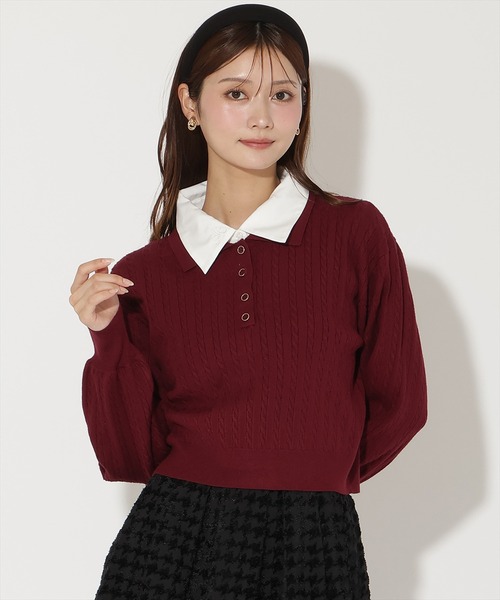 AND COUTURE(アンドクチュール)の「シャツ襟ケーブルニット(ニット/セーター・レディース・ブラック/ネイビー/ライトグレー/ボルドー・FREE)」の4枚目の写真