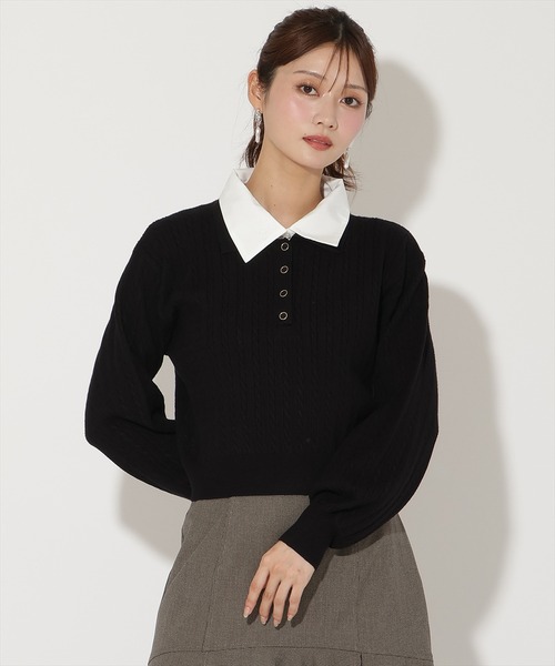 AND COUTURE(アンドクチュール)の「シャツ襟ケーブルニット(ニット/セーター・レディース・ブラック/ネイビー/ライトグレー/ボルドー・FREE)」の1枚目の写真