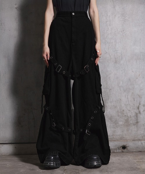 ヴィンテージライクスプレー加工ベルトデザインギミックデニムカーゴパンツ ERAR】ヴィンテージライクスプレー加工ベルトデザインギミックデニム
