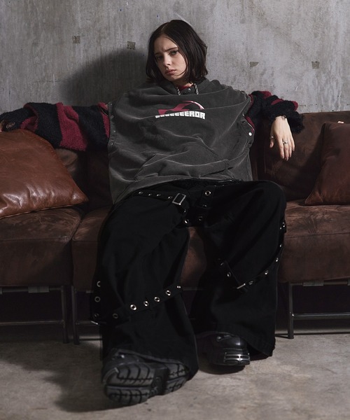 ERAR】ヴィンテージライクスプレー加工ベルトデザインギミックデニム