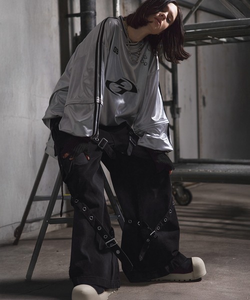 ヴィンテージライクスプレー加工ベルトデザインギミックデニムカーゴパンツ ERAR】ヴィンテージライクスプレー加工ベルトデザインギミックデニム