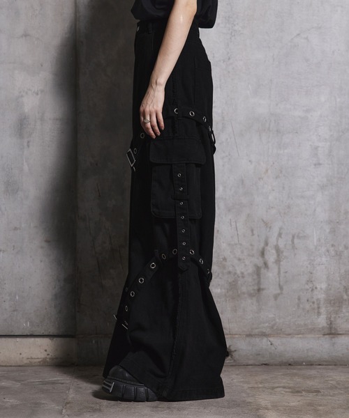 ERAR】ヴィンテージライクスプレー加工ベルトデザインギミックデニム