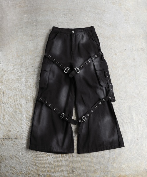 ERAR】ヴィンテージライクスプレー加工ベルトデザインギミックデニム