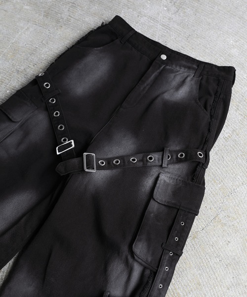 ERAR】ヴィンテージライクスプレー加工ベルトデザインギミックデニム