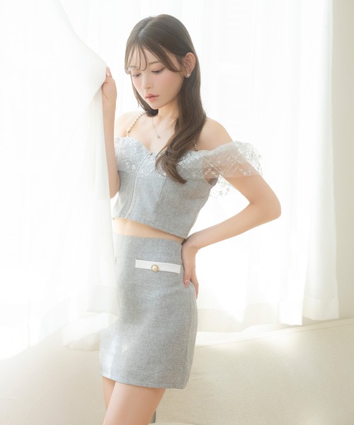 Tika（ティカ）の「キャバドレス セットアップ ミニ タイト 谷間 ジップ 肩出し 二の腕カバー ラメ チュールショルダードレス（ドレス・レディース・グレー/スモークピンク・L/M/S/XS）」の18枚目の写真
