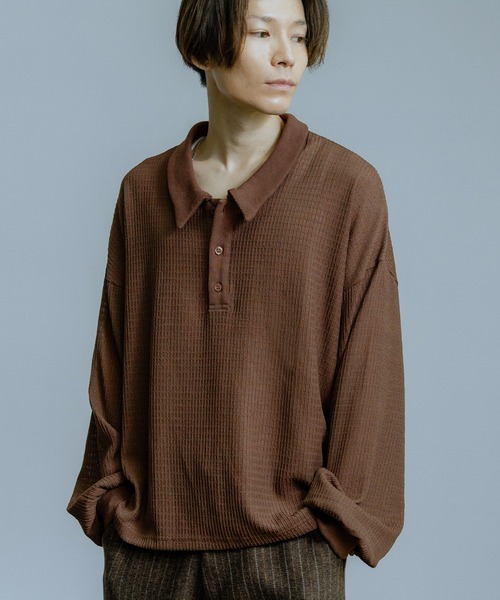 Crownor（クラウノアー）の「ワッフル編み 長袖ポロシャツ（ポロシャツ・メンズ・ブラウン/ネイビー/グレー/ブラック・LARGE/MEDIUM/SMALL）」の13枚目の写真