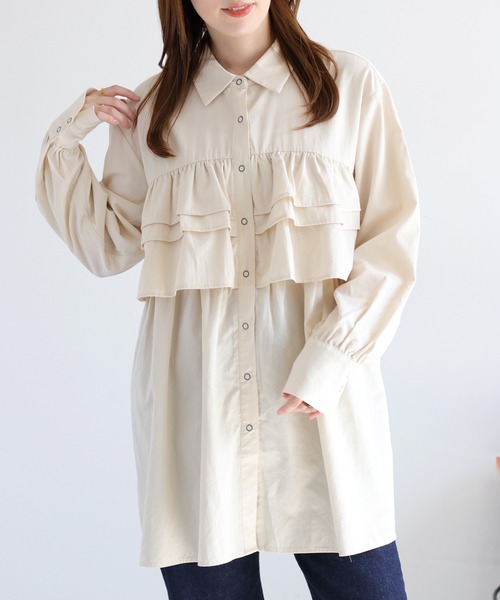 cepo（セポ）の「フリルチュニックシャツ（チュニック・レディース・オリーブ/オフホワイト/ベージュ・M）」の2枚目の写真