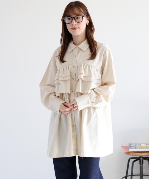 cepo（セポ）の「フリルチュニックシャツ（チュニック・レディース・オリーブ/オフホワイト/ベージュ・M）」の21枚目の写真