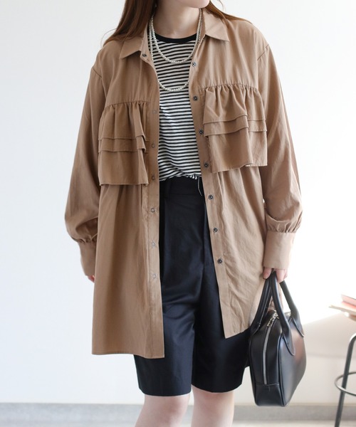 cepo（セポ）の「フリルチュニックシャツ（チュニック・レディース・オリーブ/オフホワイト/ベージュ・M）」の9枚目の写真