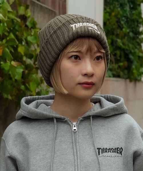 THRASHER(スラッシャー)の「Devil Tail Logo Damage KNIT CAP BEANIE ダメージ加工/THRASHER スラッシャー ユニセックス ストリート スケーター カジュアル アメカジ スケートボード ブランドロゴ 刺繍(ニットキャップ/ビーニー・メンズ・ブラック/ベージュ/カーキ・FREE)」の3枚目の写真