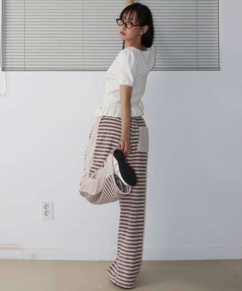 RONRON(ロンロン)の「TERRY STRIPED COMFY PANTS OATMEAL BROWN(スウェットパンツ・レディース・その他・FREE)」の2枚目の写真