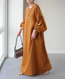 ぽわん袖異素材ワンピース