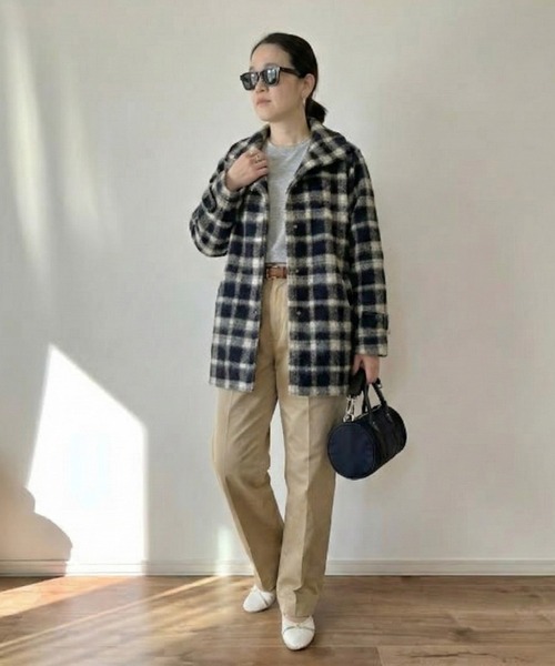 Trefle blanc(トレフルブラン)の「【original】check 中綿 coat(ステンカラーコート・レディース・ホワイト×ブラック・FREE)」の11枚目の写真