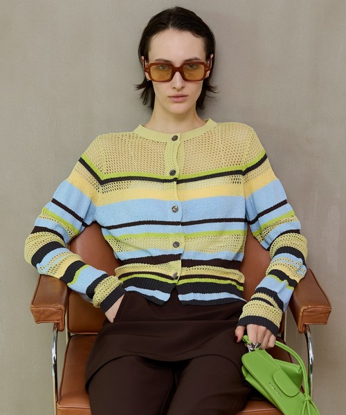 MAISON SPECIAL（メゾンスペシャル）の「Mesh Border Cardigan/メッシュボーダーカーディガン（カーディガン/ボレロ・レディース・ライム/グレー/ブラック・FREE）」の3枚目の写真