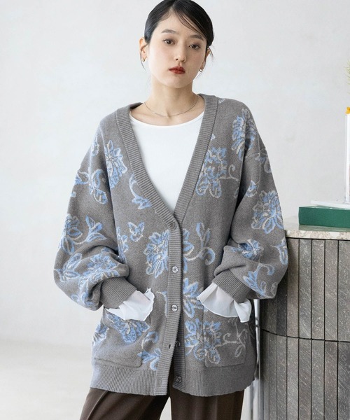 RAGEBLUE（レイジブルー）の「ボタニカルジャガードニットカーディガン（ニット/セーター・レディース・ネイビー/ホワイト/グレー・FREE）」の3枚目の写真