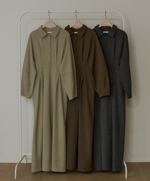 OLUN(オルン)の「waist tack cocoon onepiece/ウエストタックコクーンワンピース(ワンピース・レディース・グレー/ブラウン/ベージュ・SMALL/X-SMALL/FREE)」の11枚目の写真
