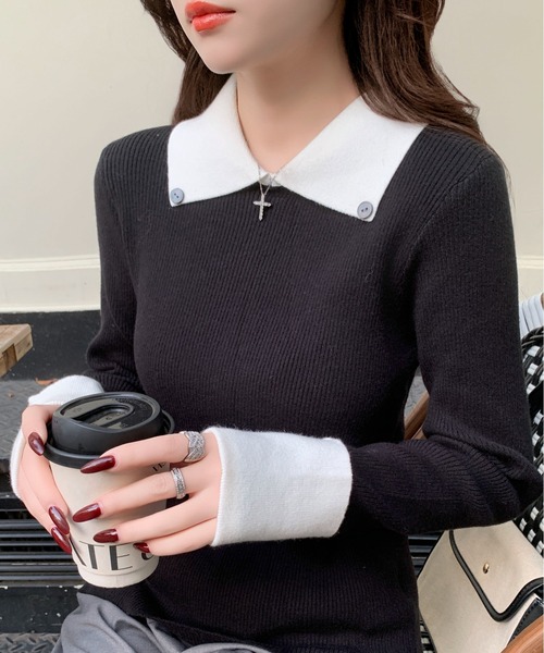 セール】【26年春夏新作】襟付きフェイクレイヤード配色リブ長袖ニット