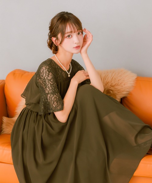 Retica（レティカ）の「パーティードレス 二次会 ラメなしレースシフォンフリルロング結婚式 大きいサイズ 30代 お呼ばれ（ドレス・レディース・チャコールグレー/ネイビー/ピンク/ブラック/パープル/ブラウン/ブルーグレー/オリーブ・SMALL/MEDIUM/LARGE/X-LARGE/XX-LARGE/XXX-LARGE/XXXX-LARGE）」の5枚目の写真